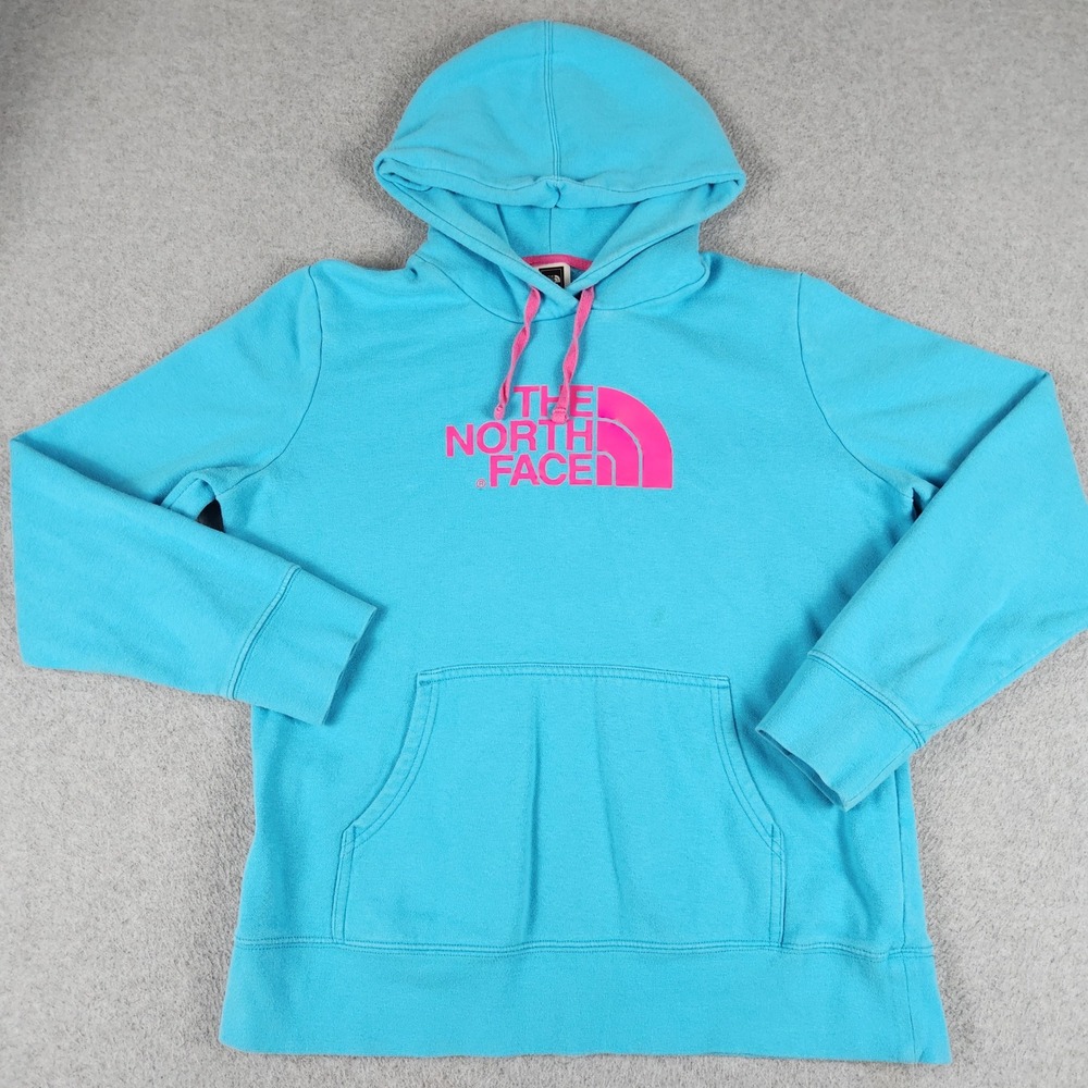 The North Face Hoodie Womens Large Blue Graphic Logo Fleece Lined Cozy Pullover